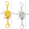 A pair of gold and silver magnetic lobster claw clasps for jewelry making, shown with dimensions.