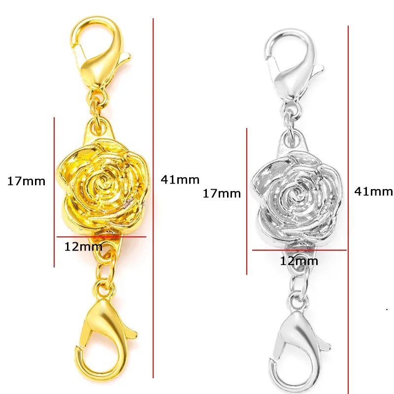 A pair of gold and silver magnetic lobster claw clasps for jewelry making, shown with dimensions.