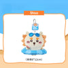 Shisa plush keychain charm with blue sunglasses and a pool party theme
