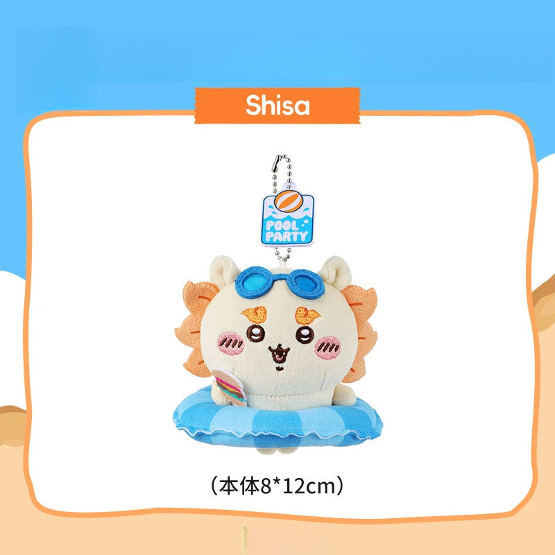 Shisa plush keychain charm with blue sunglasses and a pool party theme