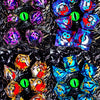 A collection of colorful resin dice with spinning dragon eye cores for tabletop role-playing games