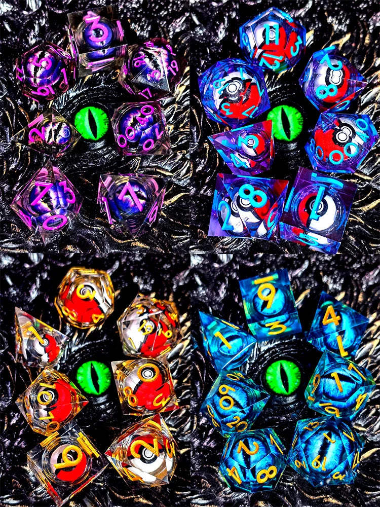 A collection of colorful resin dice with spinning dragon eye cores for tabletop role-playing games