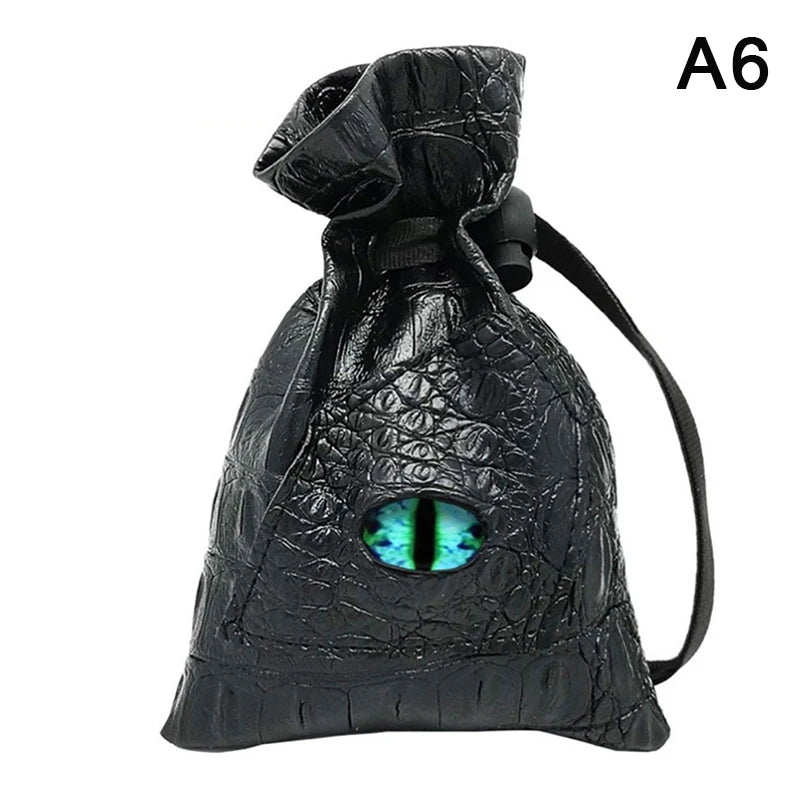 Black PU leather drawstring dice bag with an organizer compartment and a green eye design.