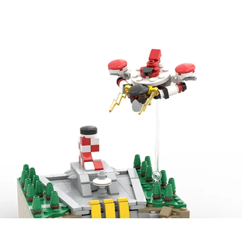 A microscale building blocks set featuring a red and white UFO robot model with various accessories and terrain pieces.