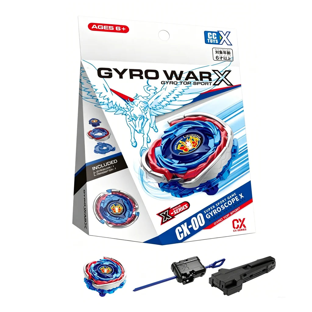 Ages 6+ Gyro War X spinning top game set with launchers and components.