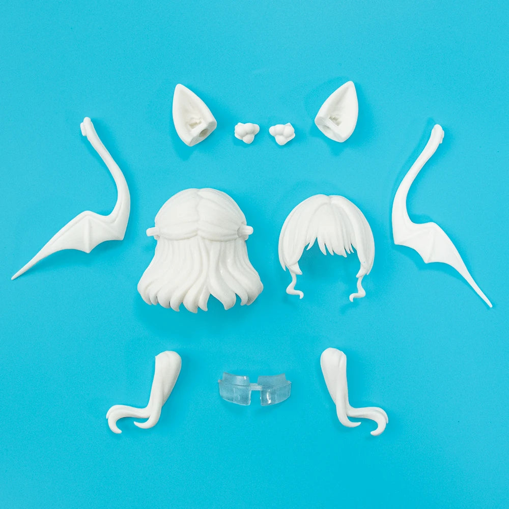 A white 1/12 scale lunar-themed posable doll blind box featuring various facial expressions and accessories on a blue backgro
