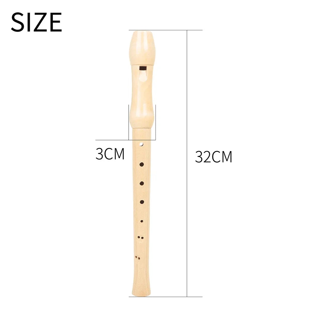 A wooden soprano clarinet with 8 holes, shown in a vertical view with size markings.