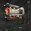 A gray and orange foam bullet toy pistol with a rapid-fire action mechanism shown against a dark background.