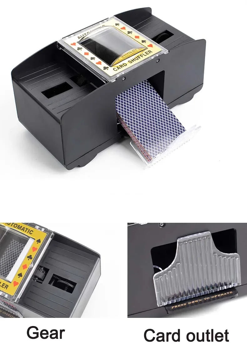 A black automatic card shuffler device with a slot for cards and a card outlet.
