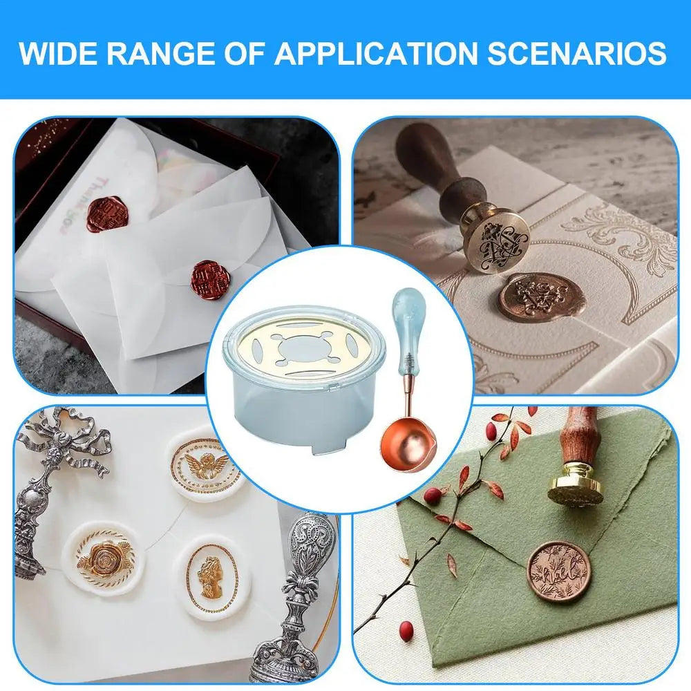 An elegant wax seal melting kit showing various tools including a heater, spoon, and wax seals on paper.