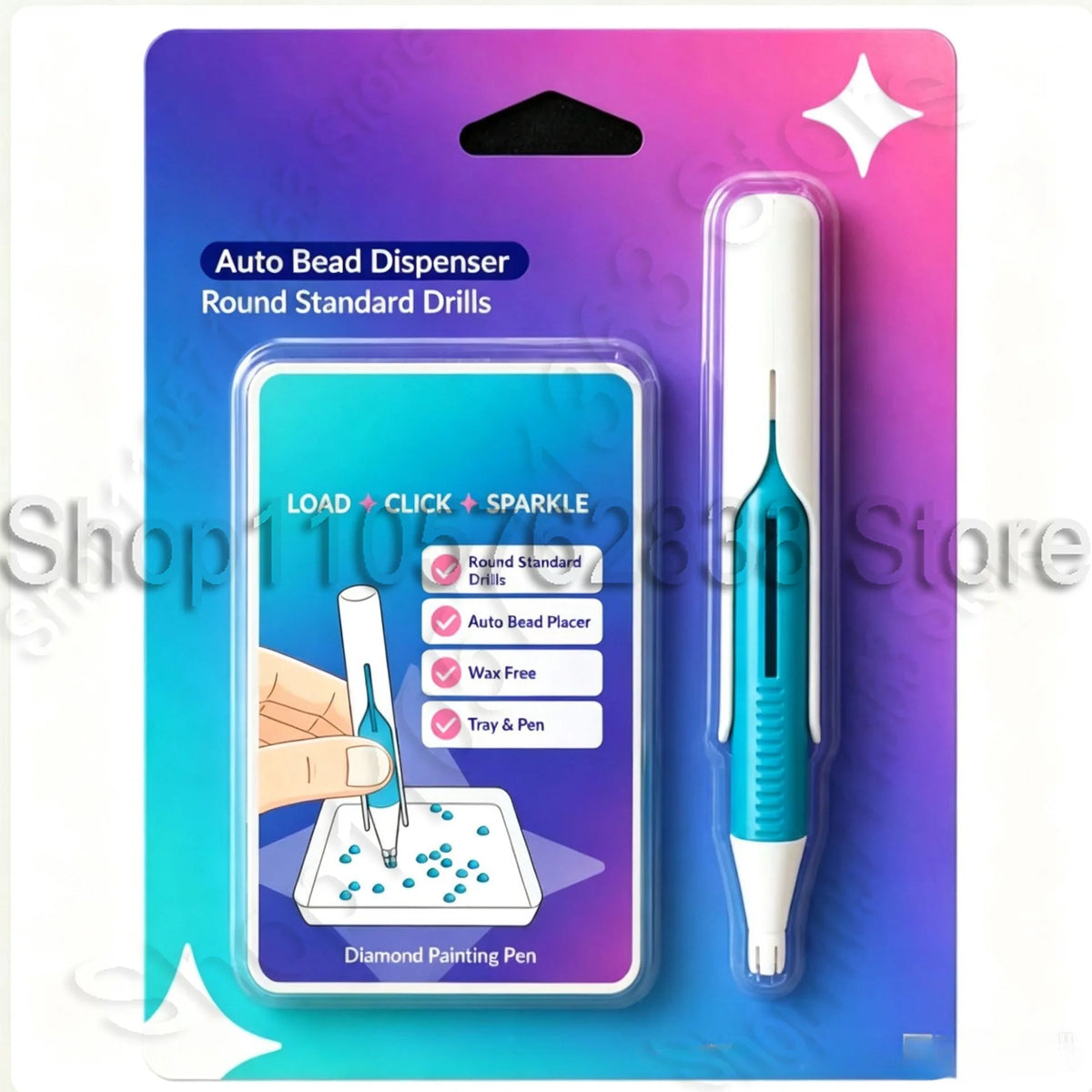 Automatic bead dispenser pen for diamond painting with round standard drills and wax free beads