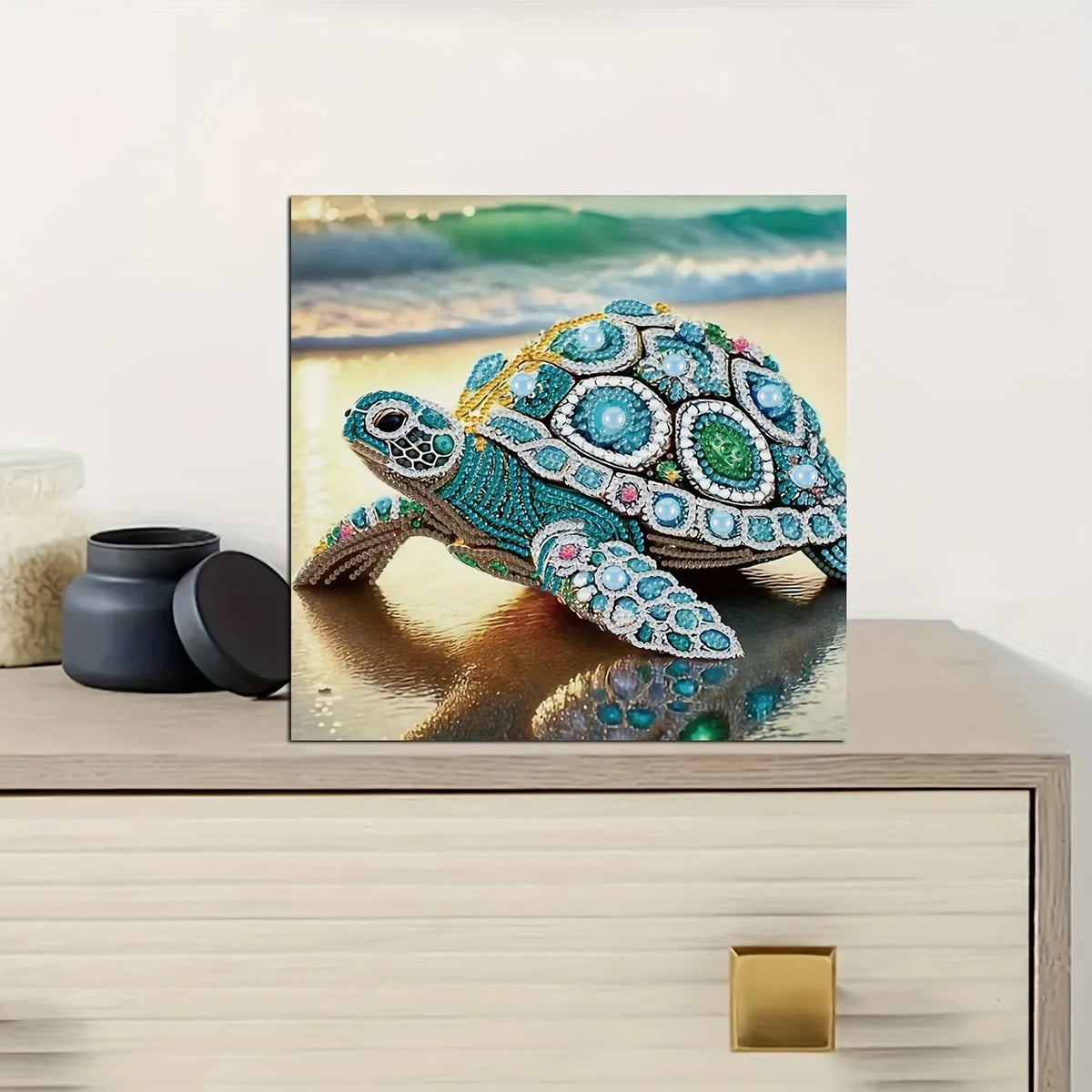 A vibrant sea turtle painting in a diamond art style, featuring iridescent blues, greens, and golds on a textured background.