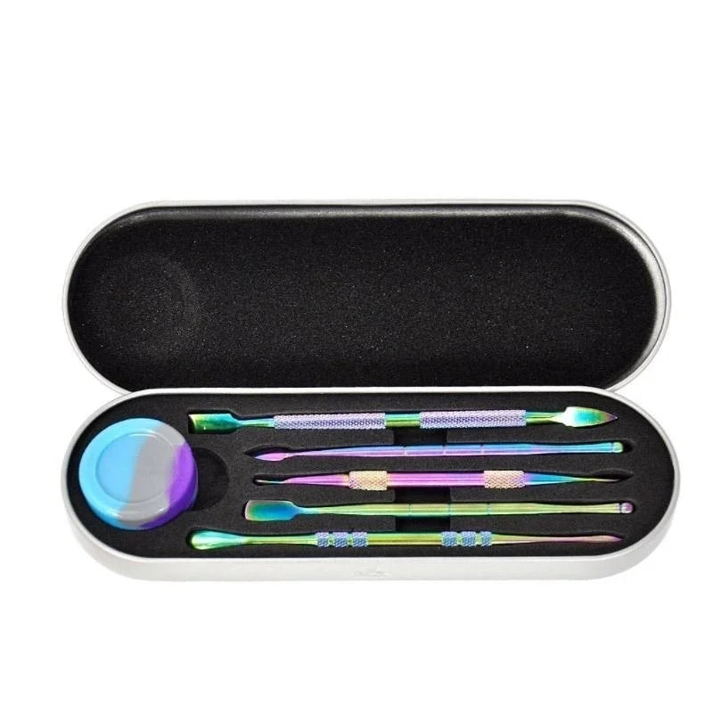A set of six stainless steel wax carving tools with silicone tips stored in a black travel case.