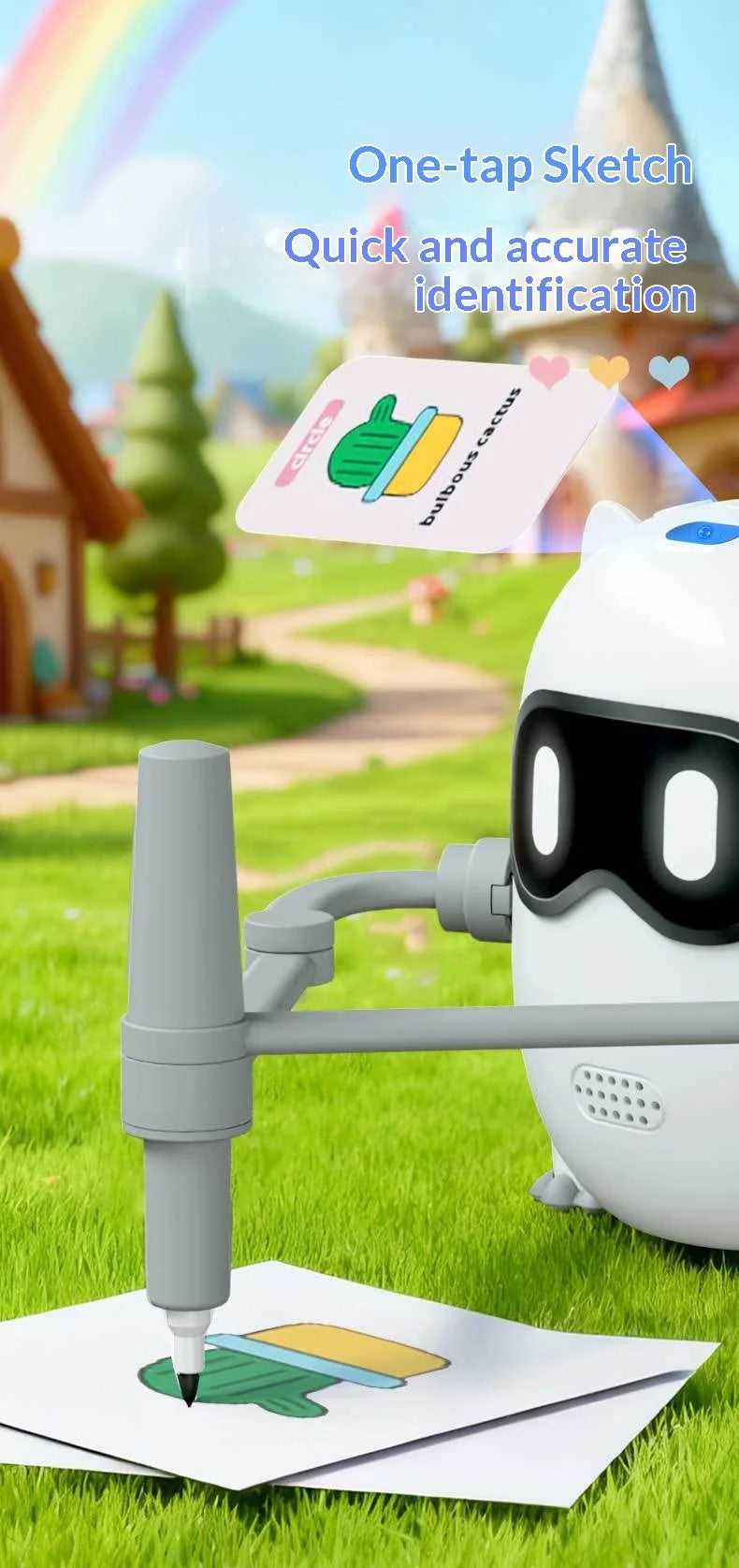 A white robot is using a stylus to draw a cactus on paper in a grassy outdoor setting.