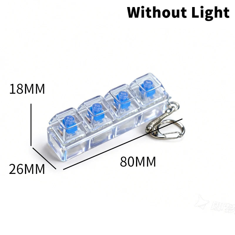 Clear acrylic fidget keychain with four blue clicky key buttons without light