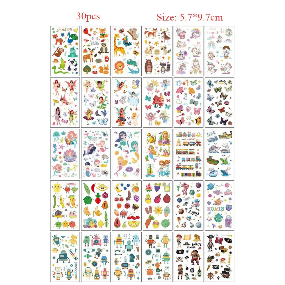 A collection of 30 temporary tattoos featuring various colorful designs for kids and adults.