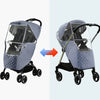 A gray universal waterproof winter stroller cover with a clear window and warm cotton lining shown in two views.