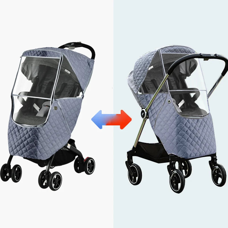 A gray universal waterproof winter stroller cover with a clear window and warm cotton lining shown in two views.