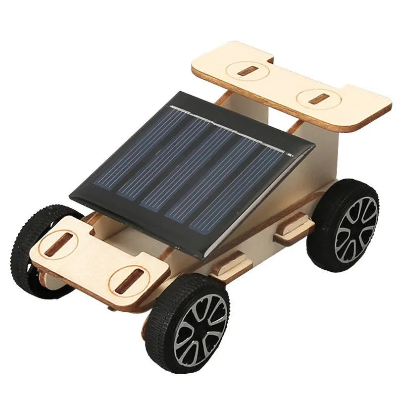 A wooden model kit of a solar-powered lunar rover featuring a black solar panel and four wheels.