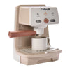 A beige coffee machine set for kids with lights and sound features, including a carafe and filter basket.
