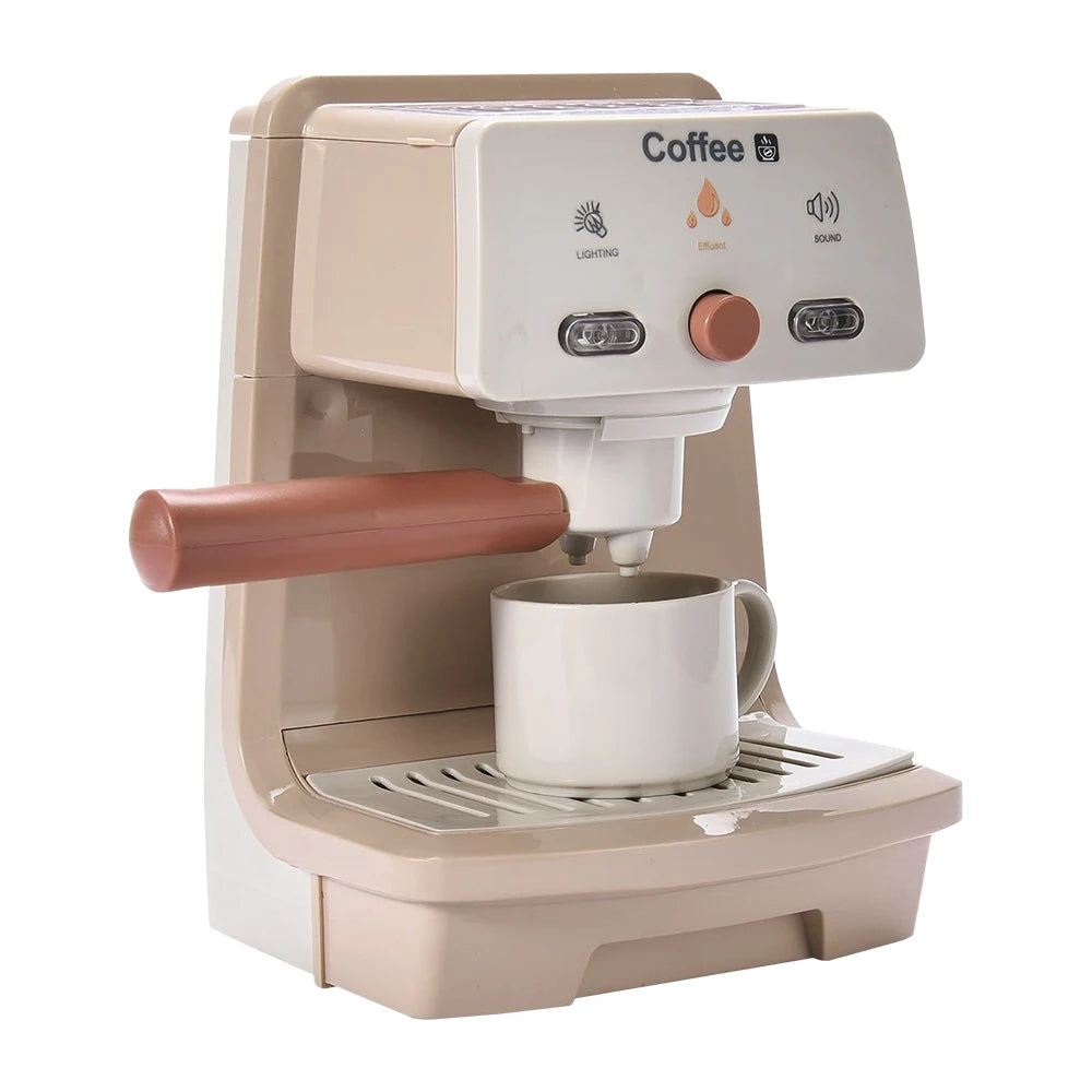 A beige coffee machine set for kids with lights and sound features, including a carafe and filter basket.