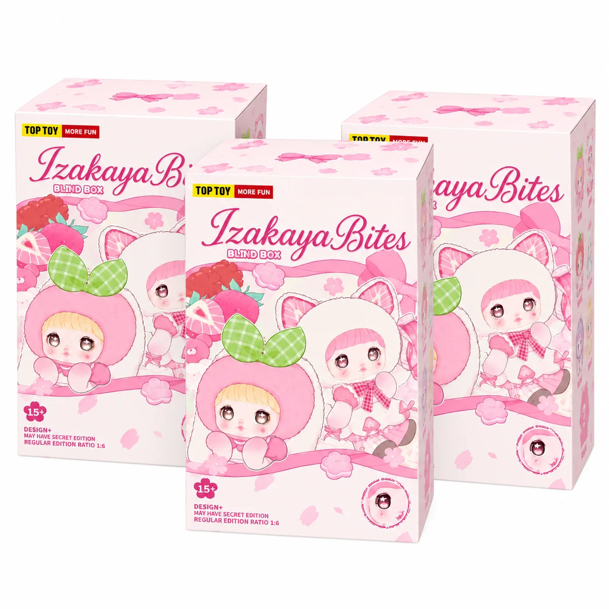 A set of pink Izakaya Bites blind box plush keychains displayed in their original packaging.