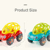 Two soft rubber push and go friction cars in red and green, shown with size measurements.