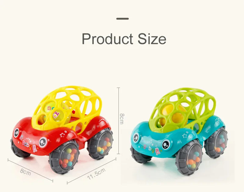 Two soft rubber push and go friction cars in red and green, shown with size measurements.