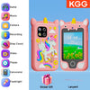 A pink unicorn-themed kids' touchscreen phone with various icons and a lanyard.