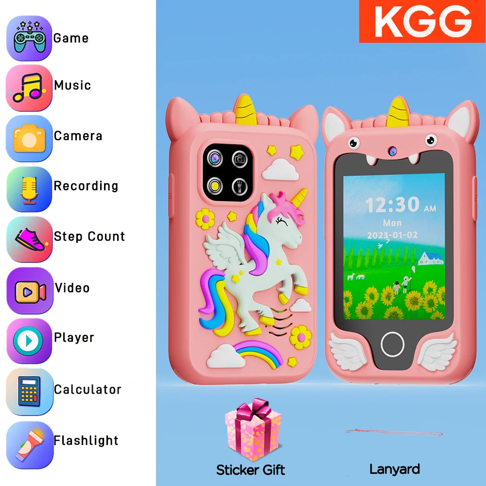 A pink unicorn-themed kids' touchscreen phone with various icons and a lanyard.