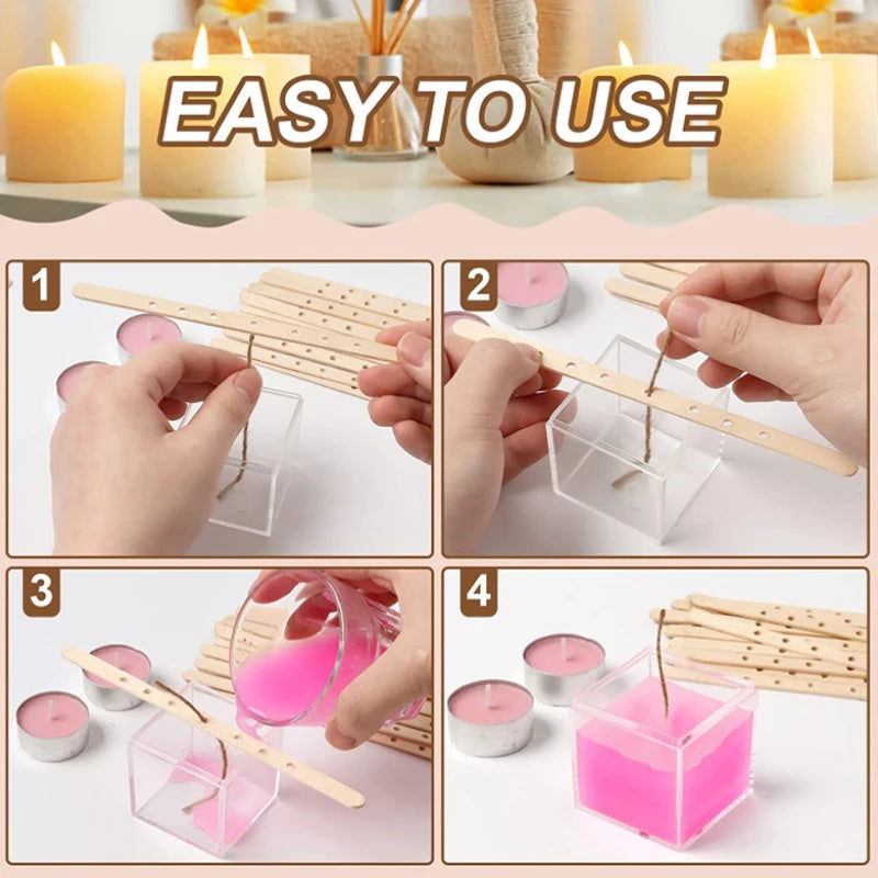 Demonstration of easy to use pre-waxed cotton candle wicks with metal sustainer tabs for candle making