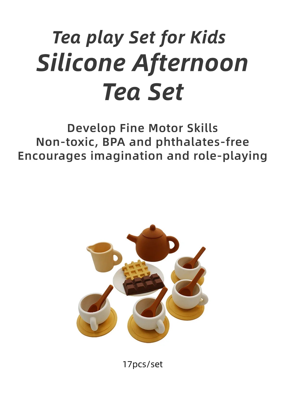 A silicone afternoon tea set for kids featuring various cups, teapot, and food items like cookies.