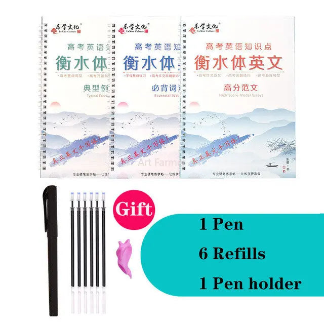 A set of three reusable English italic handwriting practice copybooks with pens and a pen holder.