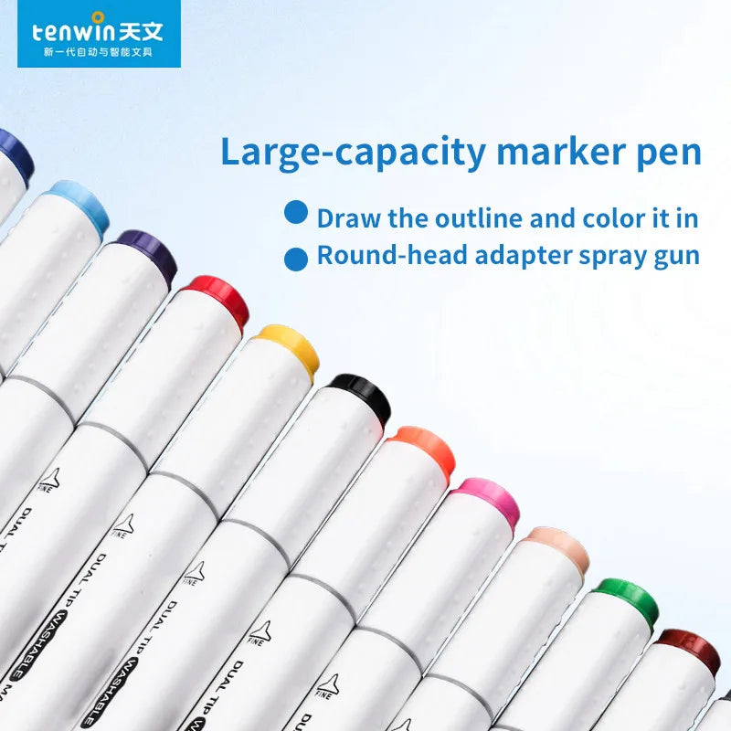 A close-up view of a set of marker pens and an adapter spray gun for an art kit.
