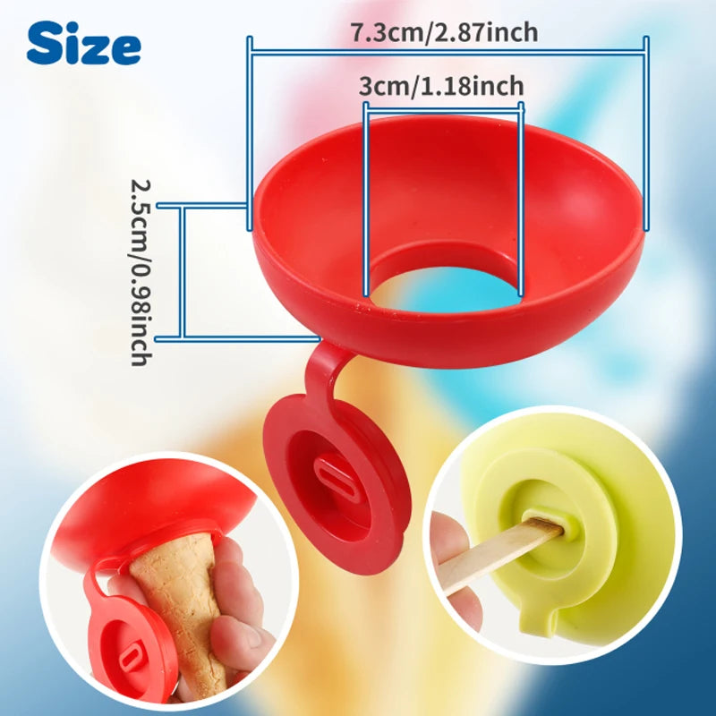 Red silicone popsicle holder with various sized openings shown alongside a yellow one.