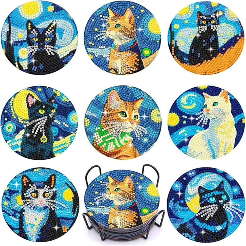 Van Gogh Starry Night Diamond Painting Coaster Kit with Metal Holder