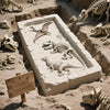 A collection of dinosaur fossils and skeletons excavated within a rectangular mold in dry earth.