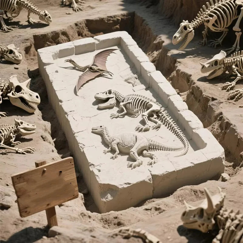 A collection of dinosaur fossils and skeletons excavated within a rectangular mold in dry earth.