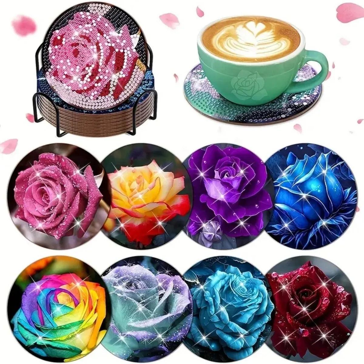 A collection of colorful, sparkling rose-themed coasters and a holder kit.