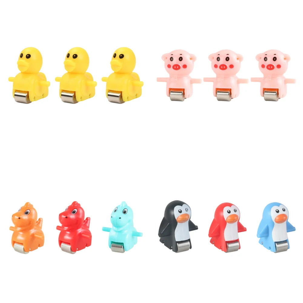 A set of various animal-themed racing cars and climbing toys in yellow, pink, orange, blue, and black.