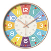 A round analog clock face with numbers and markings, featuring a pink-toned bezel and colorful quadrants.