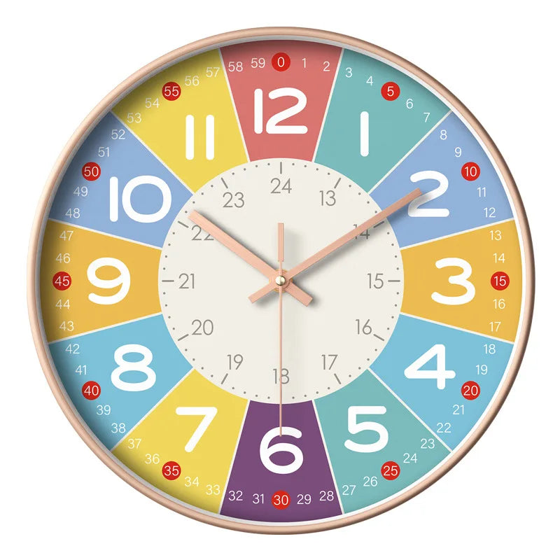 A round analog clock face with numbers and markings, featuring a pink-toned bezel and colorful quadrants.