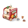 A wooden busy board for toddlers featuring various activities and components like a bus and gears.