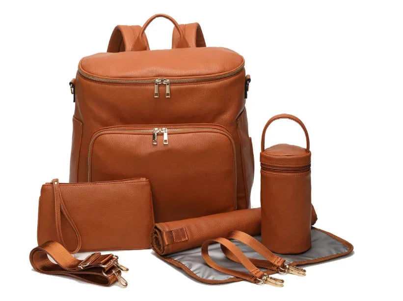 PU Leather Diaper Backpack with Changing Pad and Stroller Straps