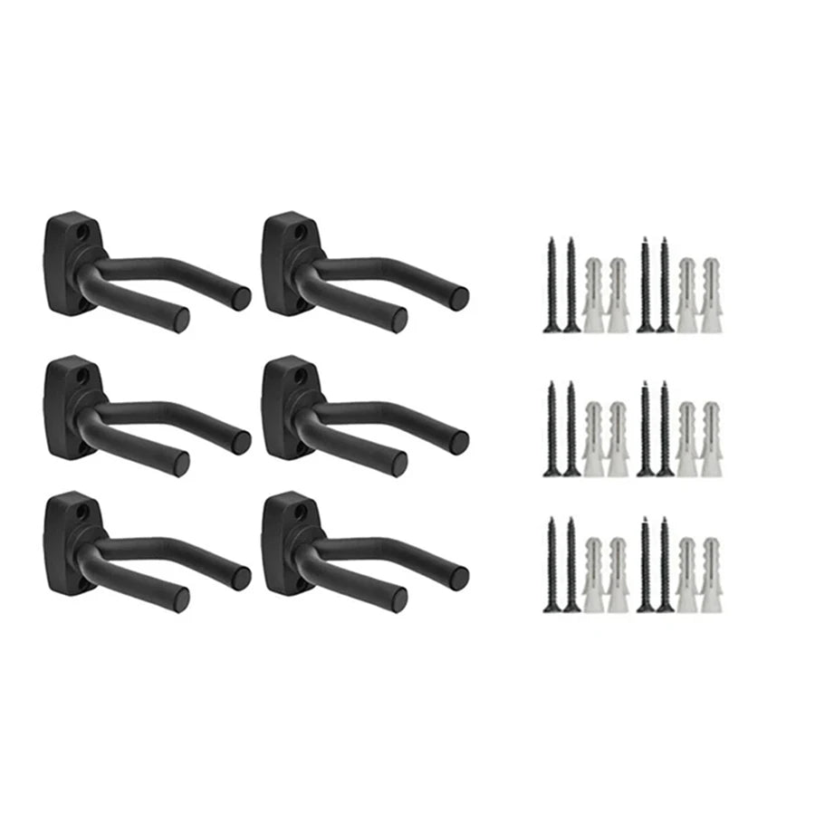 A set of black wall-mounted guitar holders with non-slip cradles.