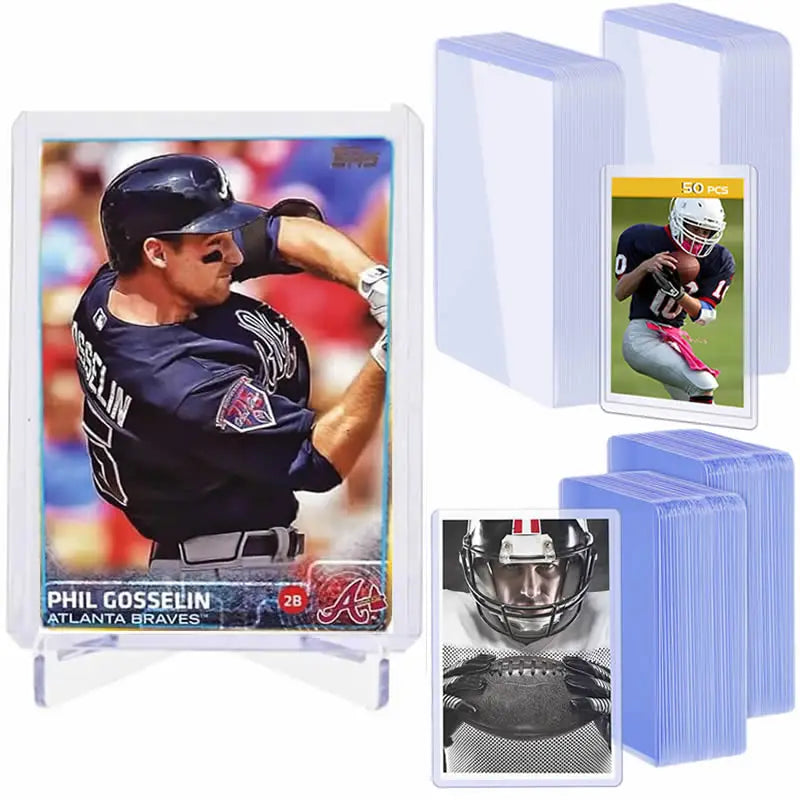 A set of premium PVC trading card sleeves in various colors and sizes, including a card featuring Phil Gosselin.