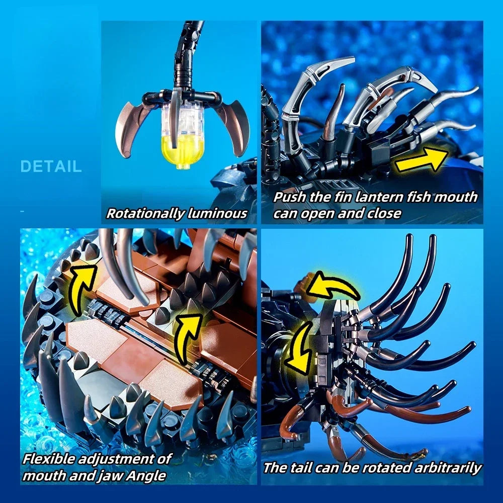 A mechanical lantern fish model kit showing details of its rotating luminous mouth, flexible jaw adjustment, and arbitrarily 