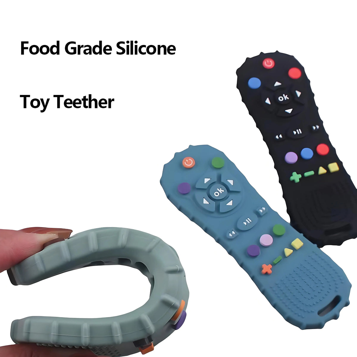 A set of food grade silicone toy teethers, including a black remote control shaped teether and a light blue teether.