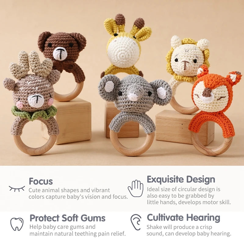 Handcrafted Wooden Crochet Animal Rattle for Babies