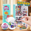 A mini fridge playset with various food accessories and LED lights displayed on a wooden surface.